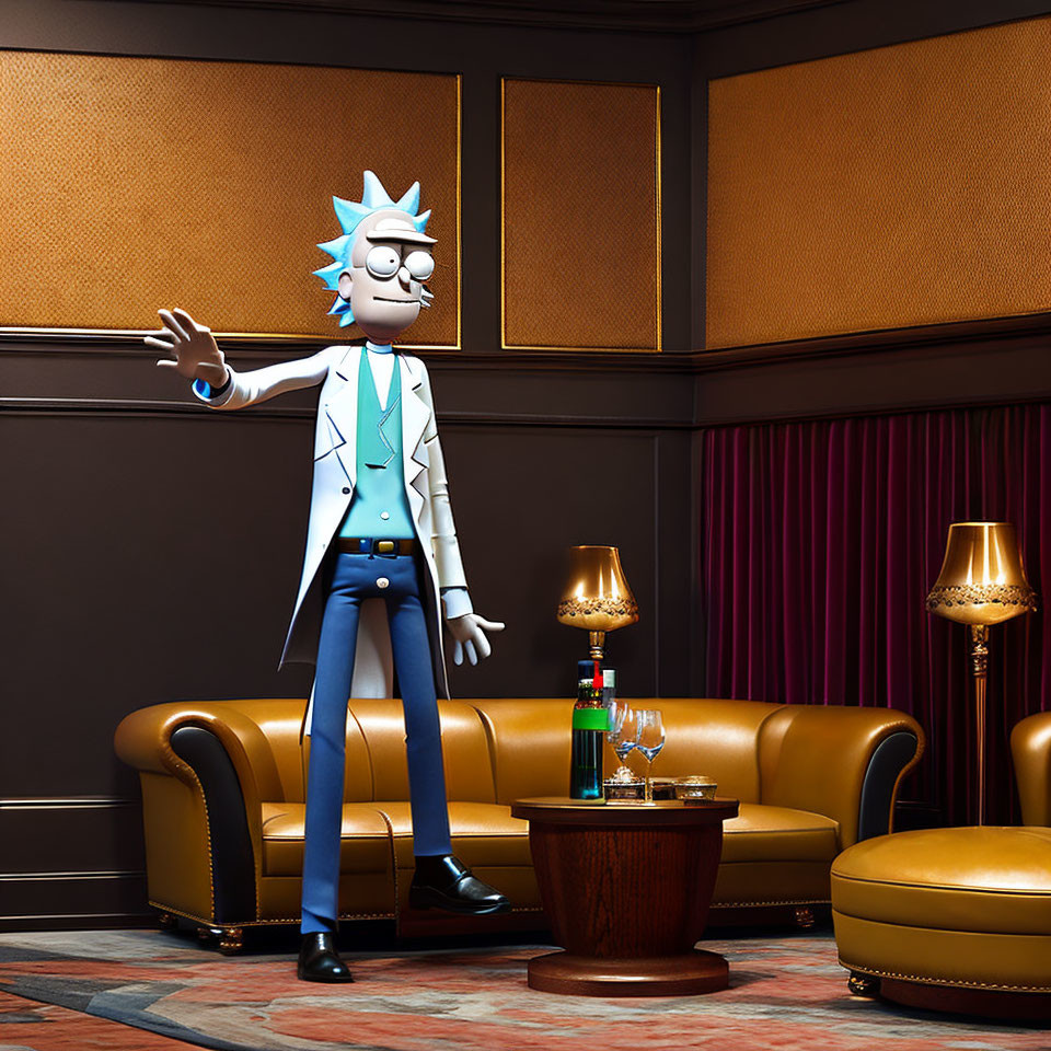 3D-rendered image of Rick Sanchez in luxurious room with leather sofas