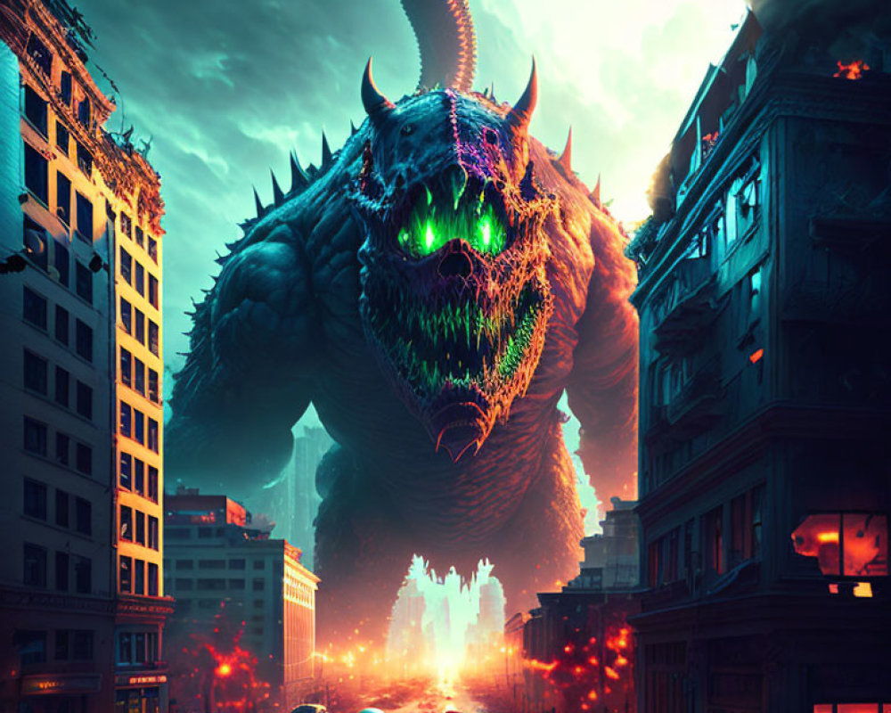 Gigantic dragon with glowing green eyes in city street at dusk