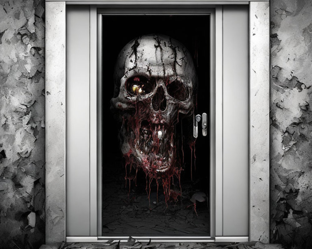 Eerie horror-themed graphic of a large, grotesque skull in a dilapidated elevator