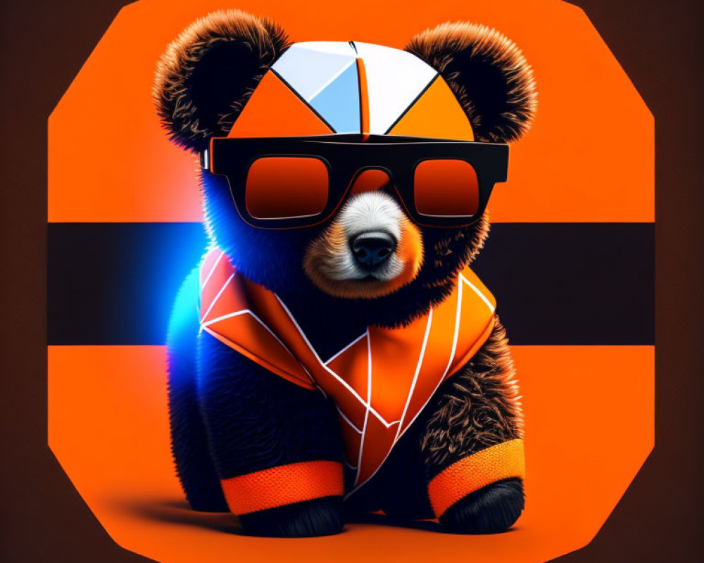 Panda in Orange Glasses & Futuristic Suit on Octagonal Background