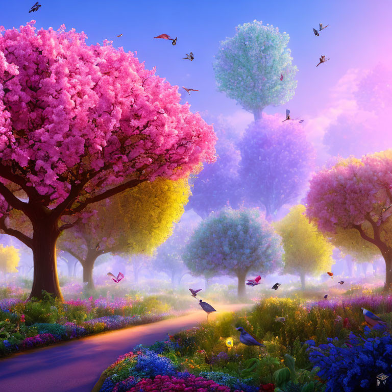 Colorful Landscape with Blossoming Trees and Birds in Misty Setting