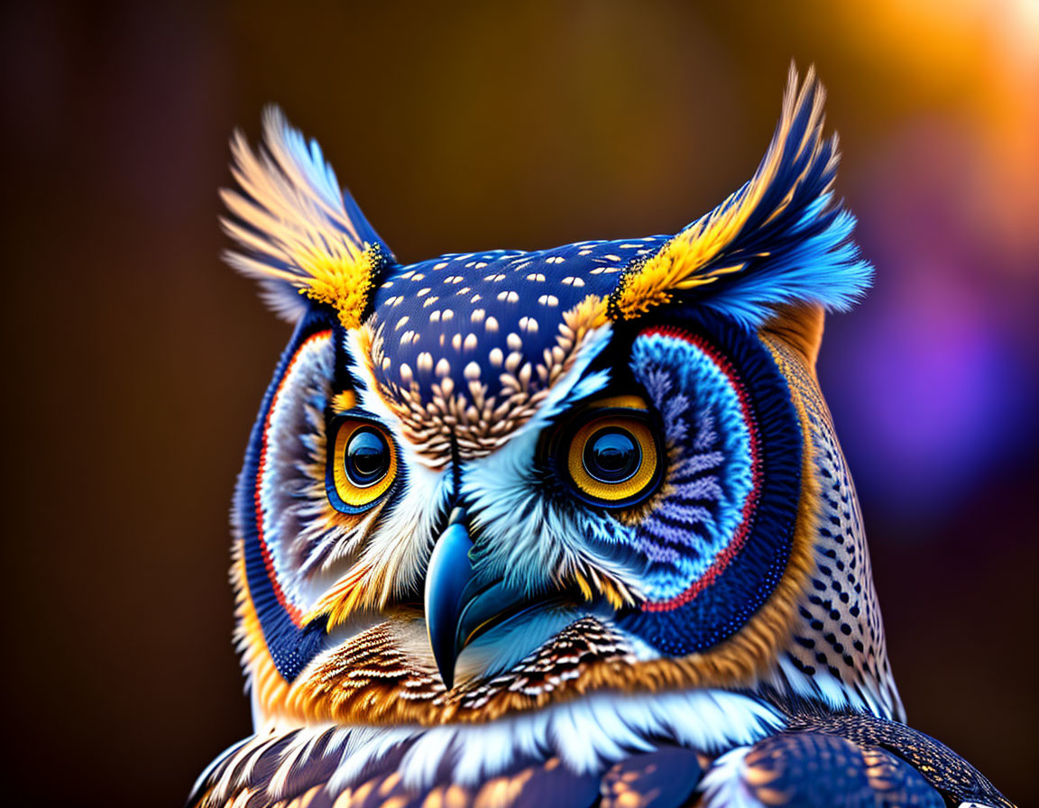 Vibrant digitally rendered owl with colorful patterns against blurred backdrop