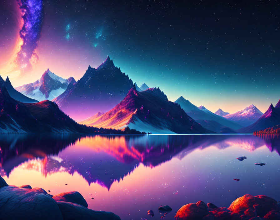 Tranquil lakeside dusk with galaxy reflection and snow-capped mountains