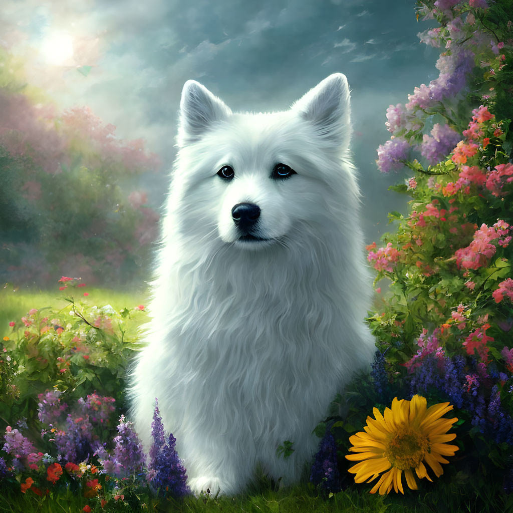 Fluffy White Dog Surrounded by Vibrant Flowers and Softly Lit Sky