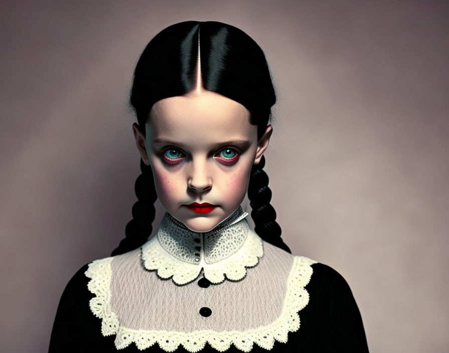 Digital art: Pale-skinned girl with blue eyes, braided dark hair, and Victorian dress.