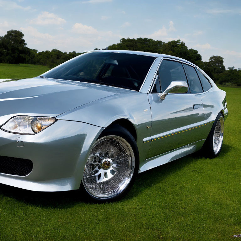 Shiny Silver Sports Car with Distinct Rims on Green Grass