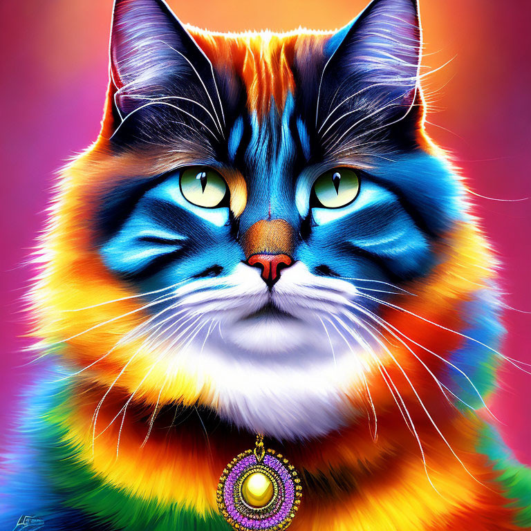 Vibrant digital artwork of majestic cat with green eyes and colorful fur coat
