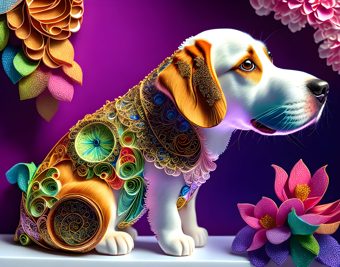 Colorful digital artwork: Beagle with floral patterns on body