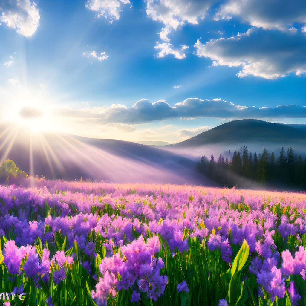 Purple Flower Field with Sun Rays and Mountains in Clear Blue Sky