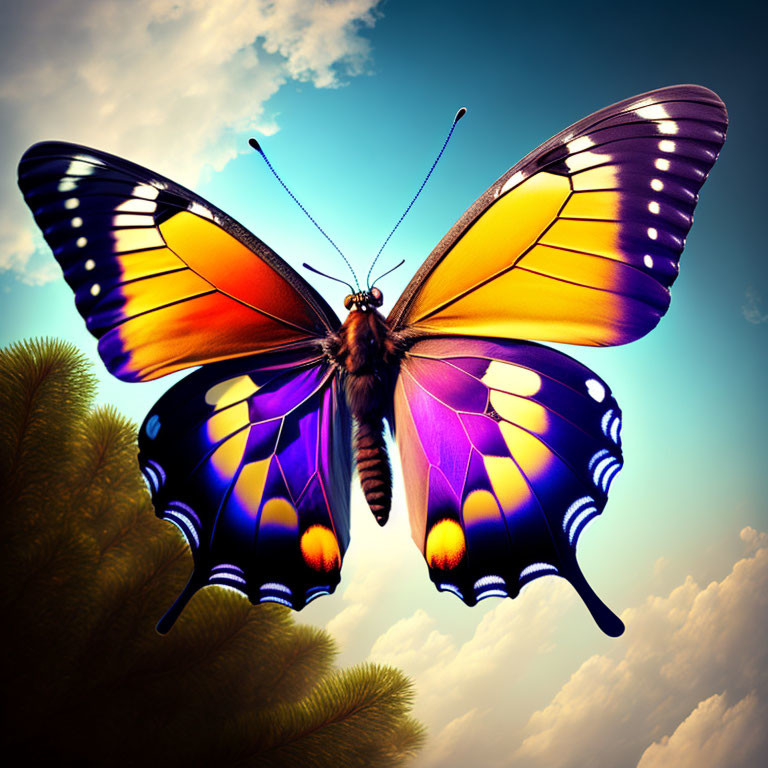 Vibrant yellow and purple butterfly against blue sky