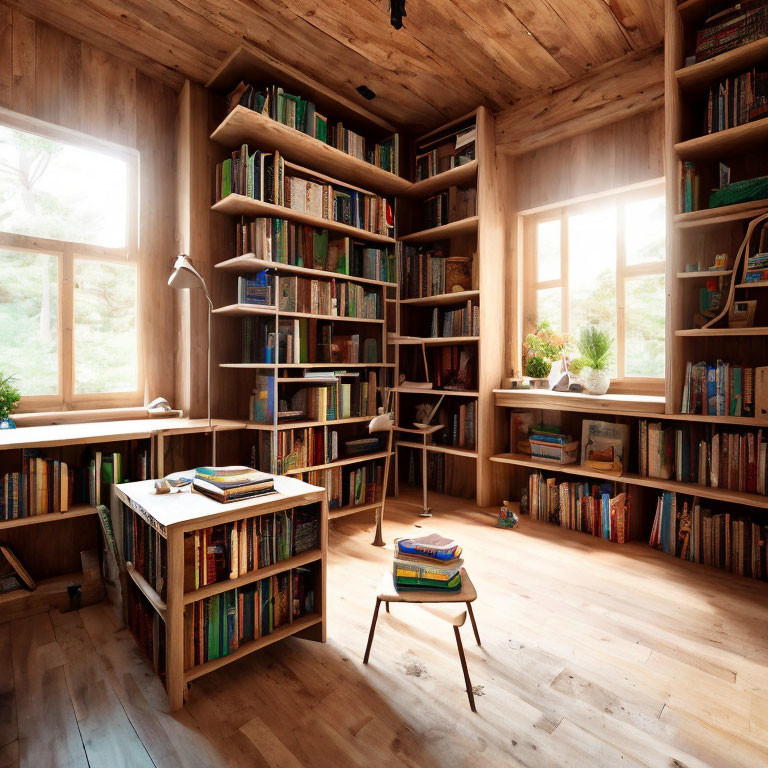 Warm Wooden Interior with Bookshelf, Desk, Chair, and Sunlit Window
