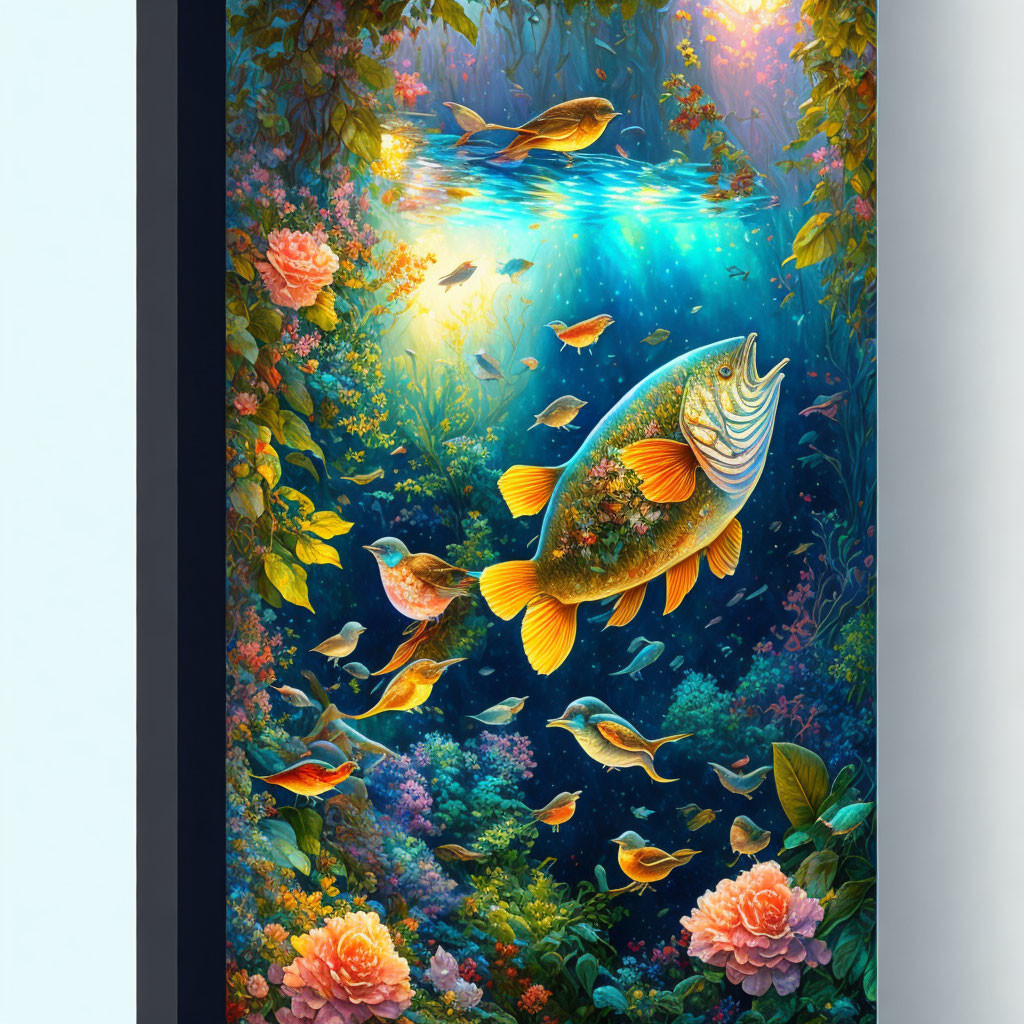 Colorful Underwater Digital Art with Large Fish, Coral, and Light Rays