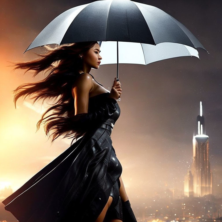 Woman in black dress with umbrella against cityscape and orange sky
