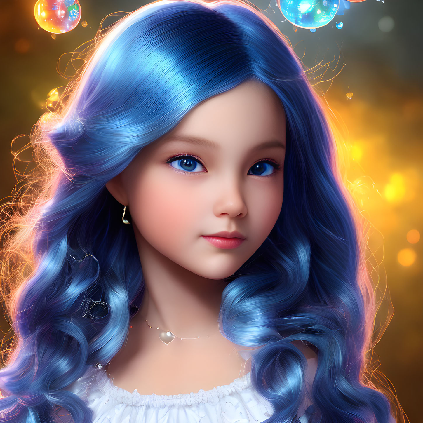 Vibrant blue hair girl with glowing orbs on warm bokeh background