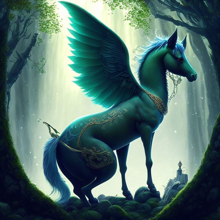 Majestic winged horse with shimmering blue coat in enchanted forest clearing