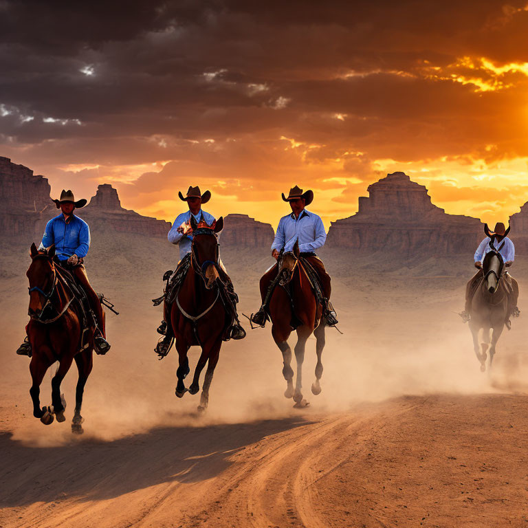 Cowboys riding horses at sunset with dramatic sky and dusty trail.