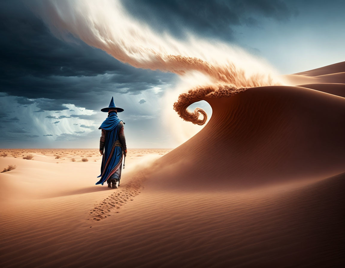 Desert landscape with robed figure and sand-twister under stormy sky