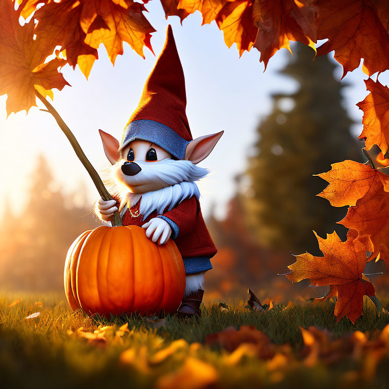 Illustrated gnome with white beard in red outfit holding a pumpkin among autumn leaves