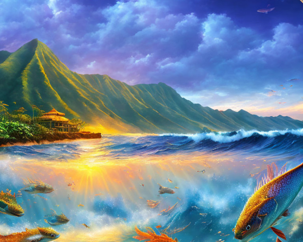 Colorful sunset above turbulent ocean with fish, mountains, and pagoda.