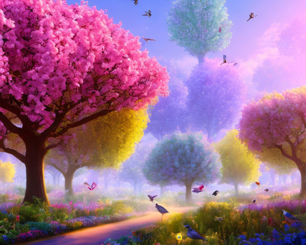 Colorful Landscape with Blossoming Trees and Birds in Misty Setting