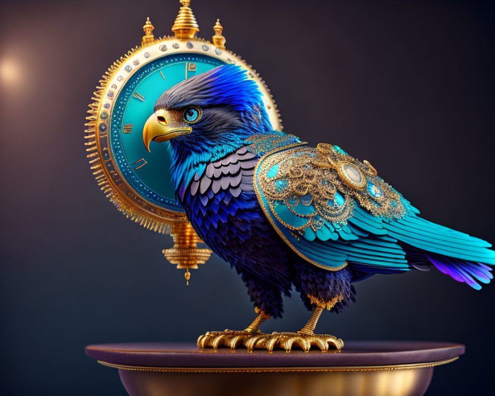 Mechanical eagle with blue and gold decorations next to ornate clock