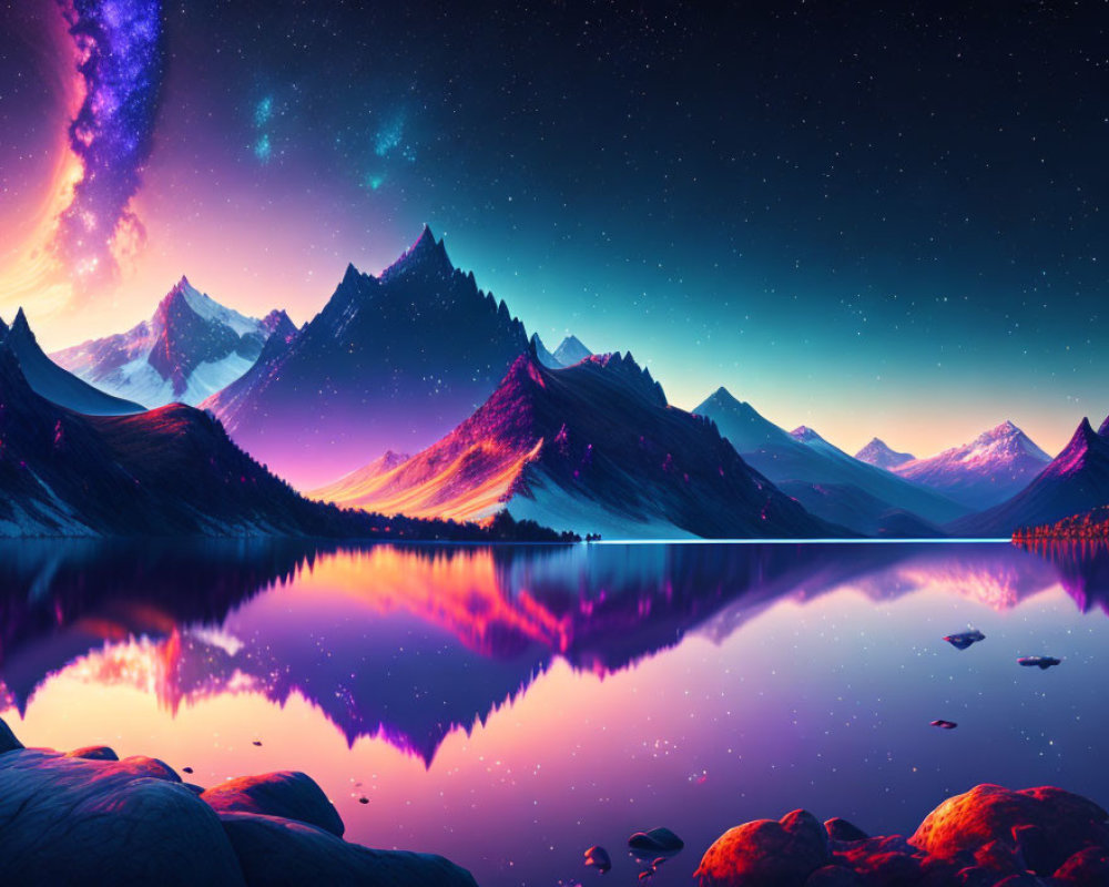 Tranquil lakeside dusk with galaxy reflection and snow-capped mountains