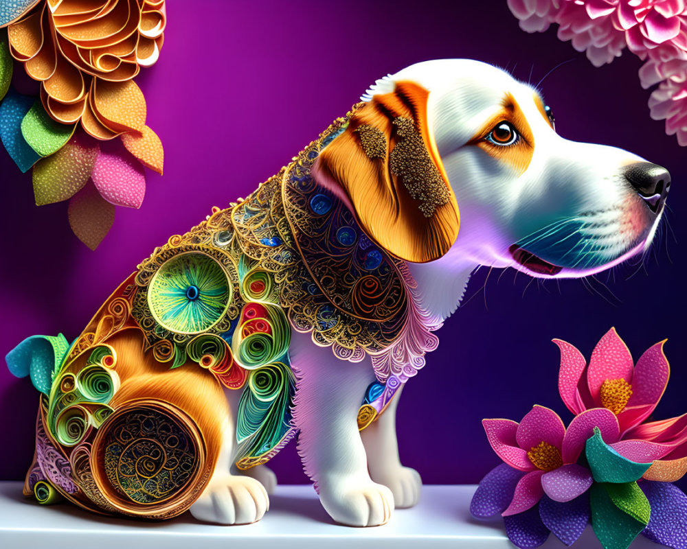 Colorful digital artwork: Beagle with floral patterns on body