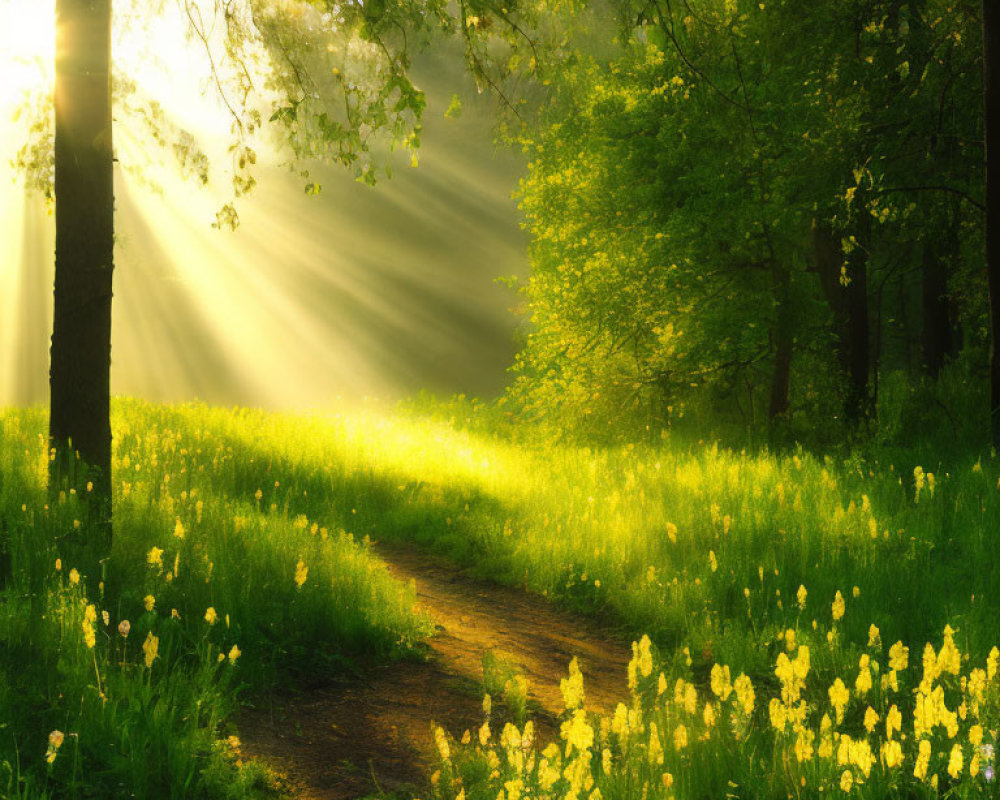 Forest Path Illuminated by Sunlight and Wildflowers