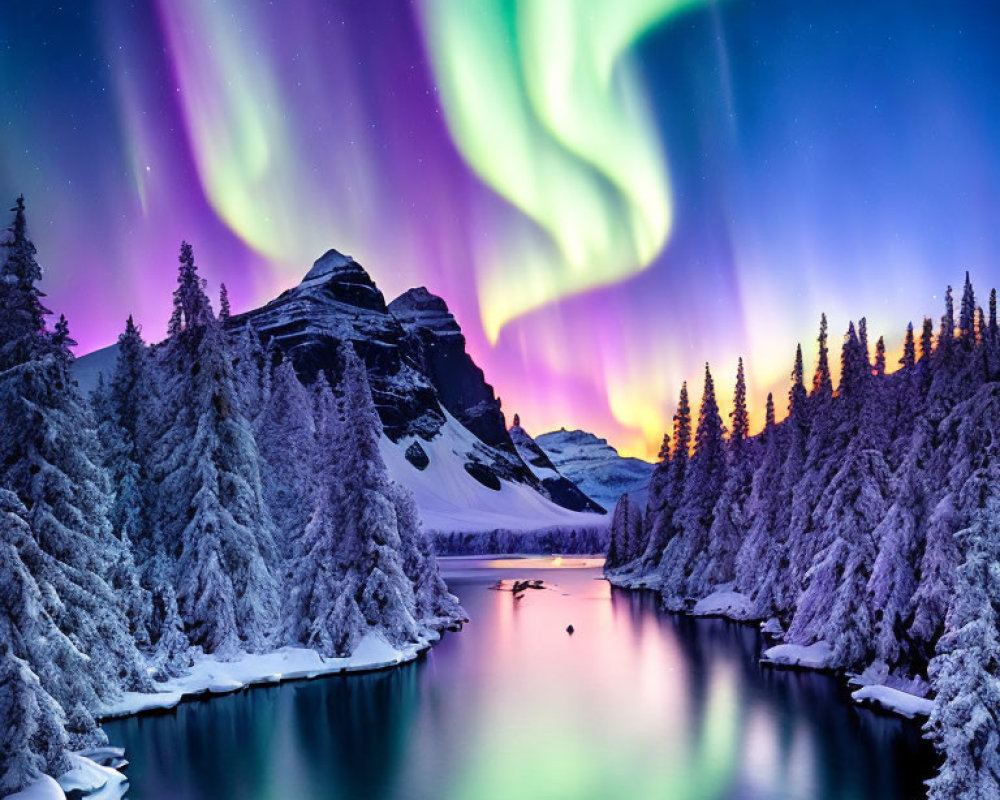 Majestic aurora borealis over snowy mountain landscape