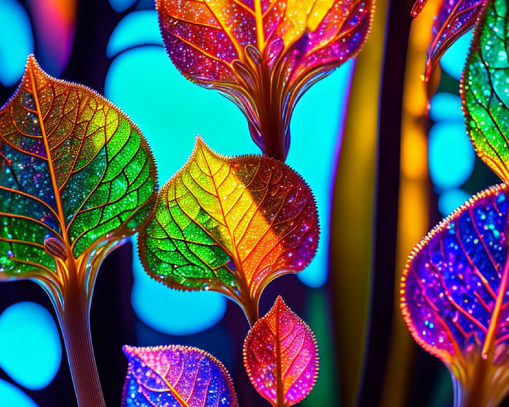 Colorful Glowing Artificial Leaves Against Dark Backdrop