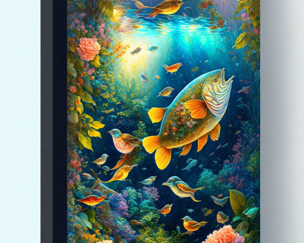 Colorful Underwater Digital Art with Large Fish, Coral, and Light Rays