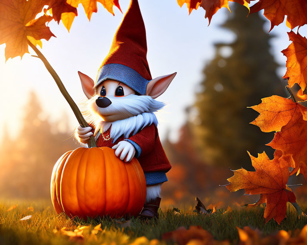 Illustrated gnome with white beard in red outfit holding a pumpkin among autumn leaves