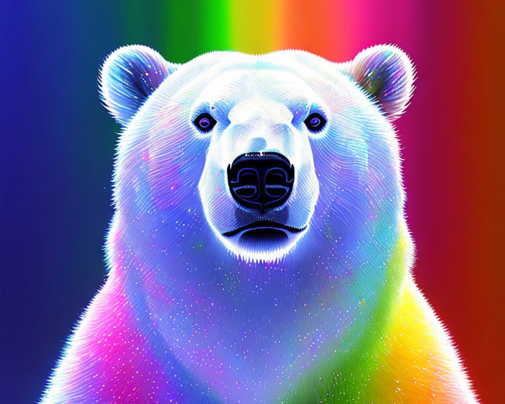 Colorful neon rainbow polar bear with star-like fur effect