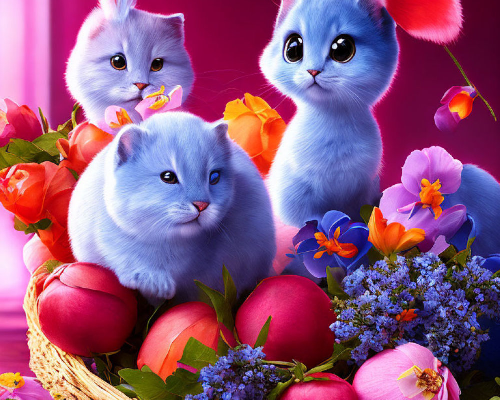 Three Blue Kittens Surrounded by Flowers and Easter Eggs