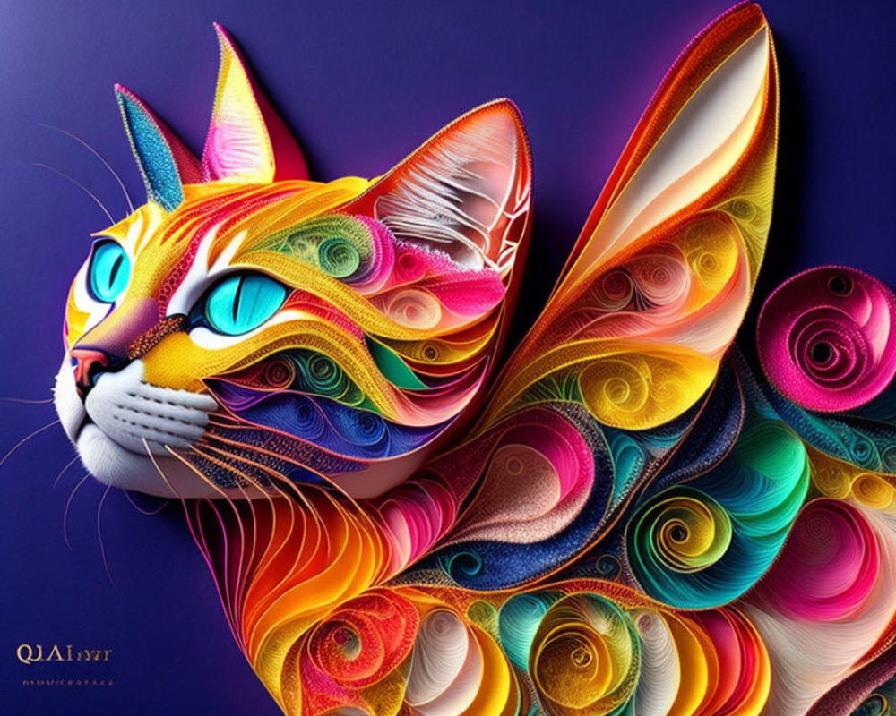 Colorful Paper Art Cat with Swirling Designs and Patterns