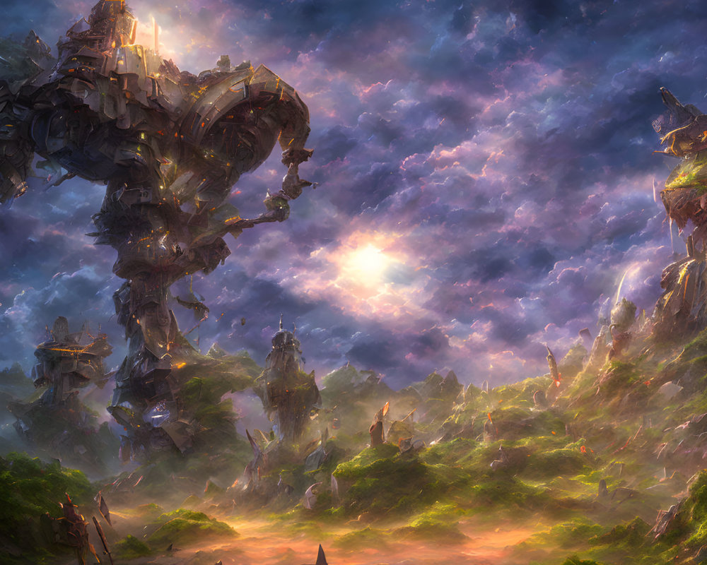 Fantastical landscape with celestial skies and towering mechanical structures.