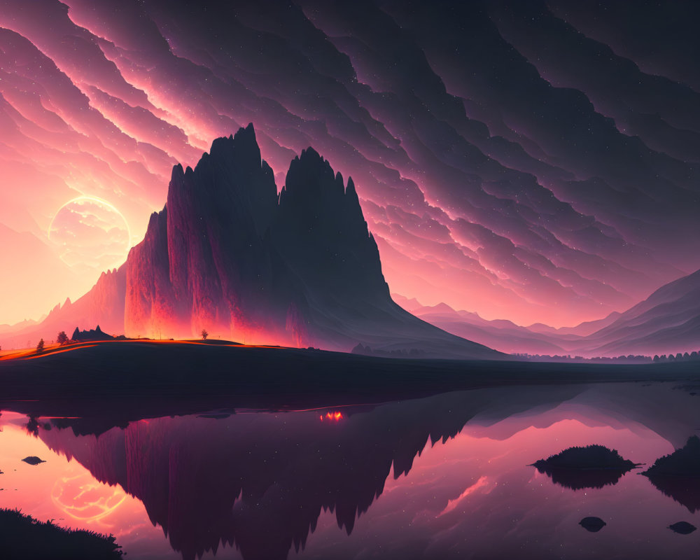 Surreal landscape with mountain, purple sky, and reflective lake