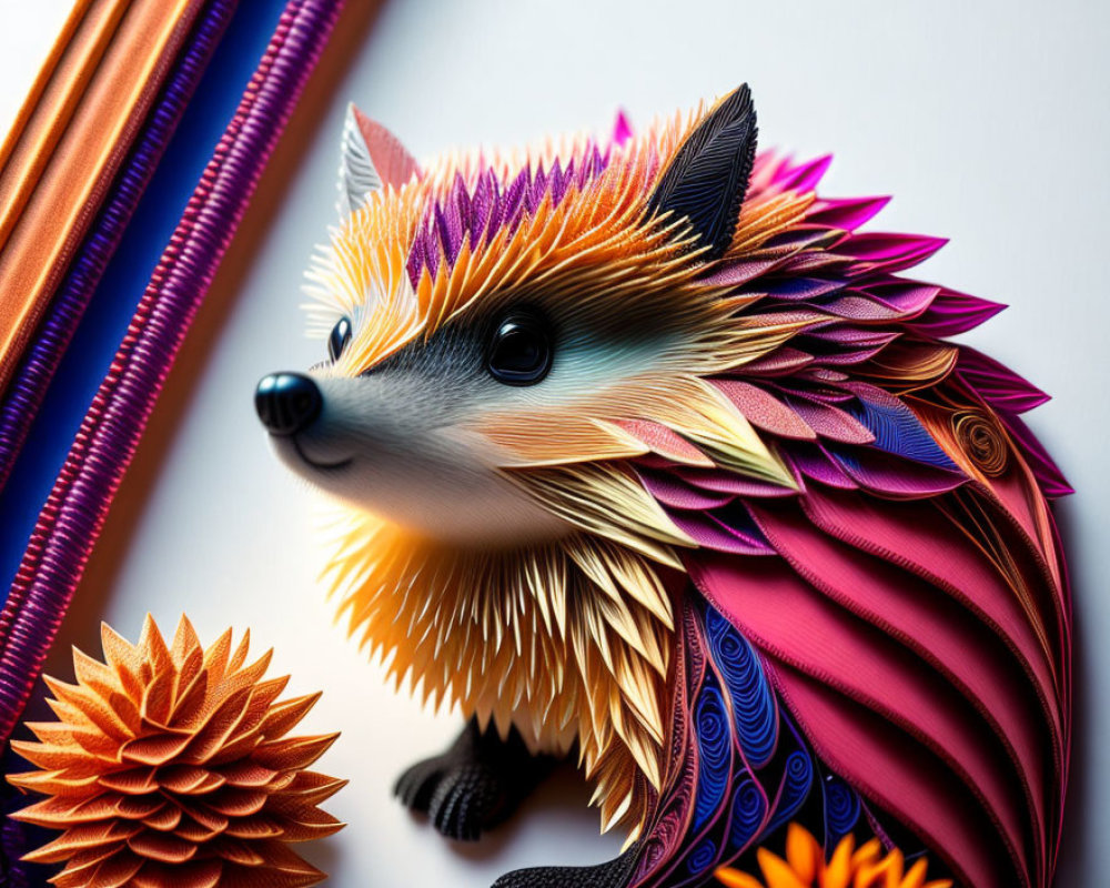 Vibrant textured paper art: Stylized hedgehog on gradient backdrop with warm tones