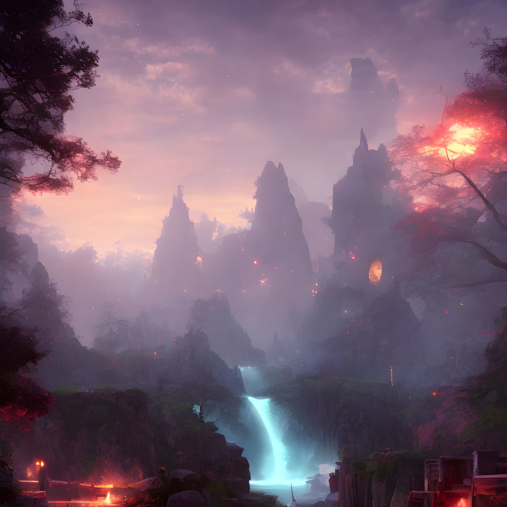 Mystical landscape with towering rocks, glowing waterfall, twin suns