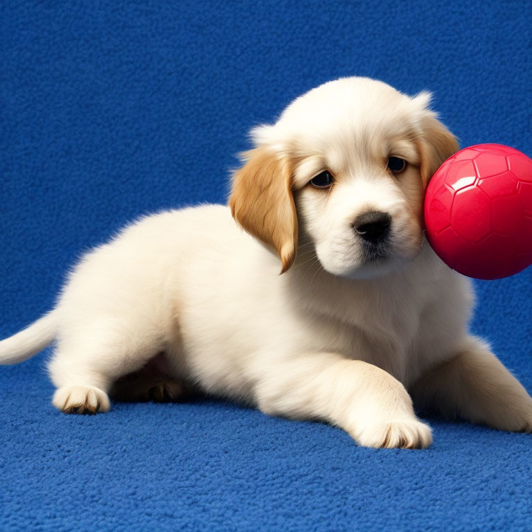 White Puppy with Floppy Ears on Blue Carpet Playing with Red Ball