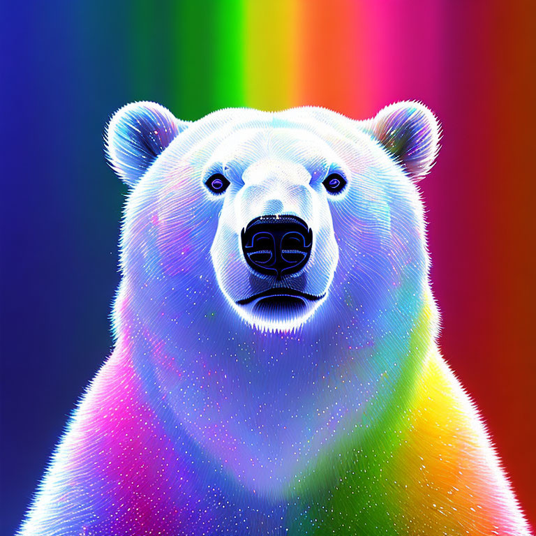 Colorful neon rainbow polar bear with star-like fur effect