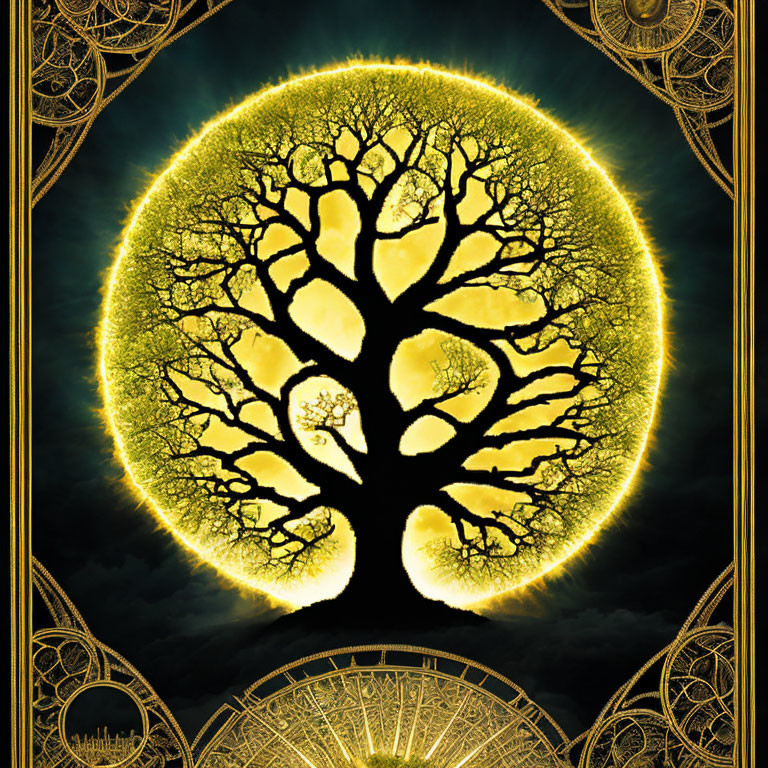 Golden tree silhouette in luminous yellow circle with art nouveau borders on black background