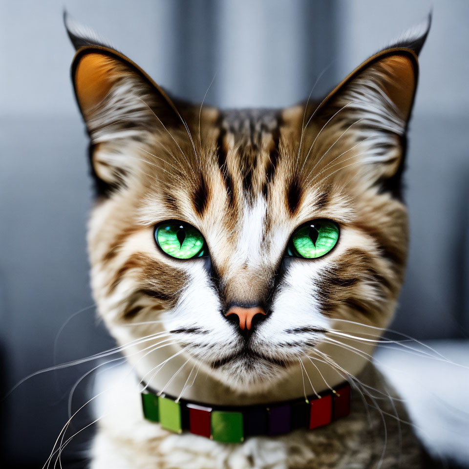 Close-up of cat with striking green eyes and multicolored collar against brown-striped fur