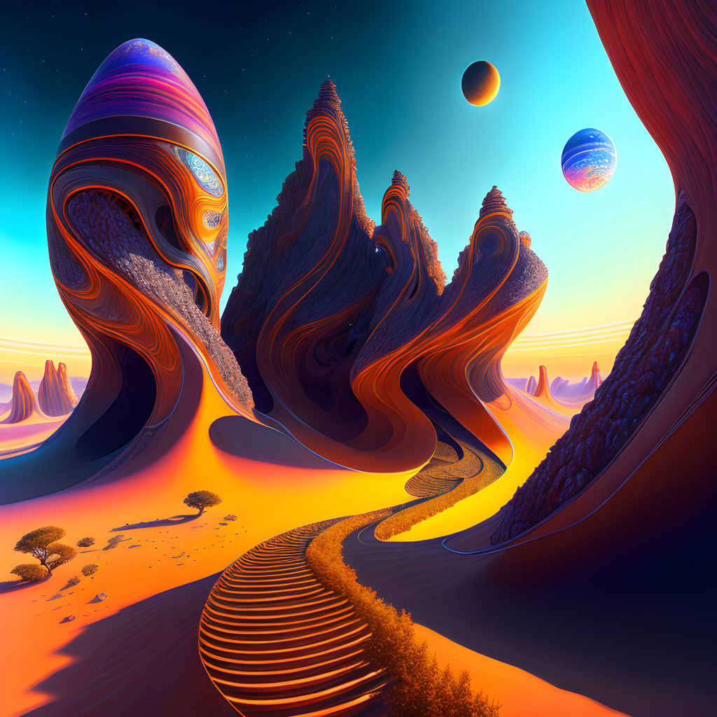 Surreal landscape with swirling rock formations and distant planets