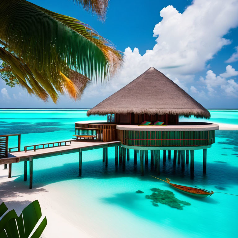 Tropical beach overwater bungalow with thatched roof and wooden pier