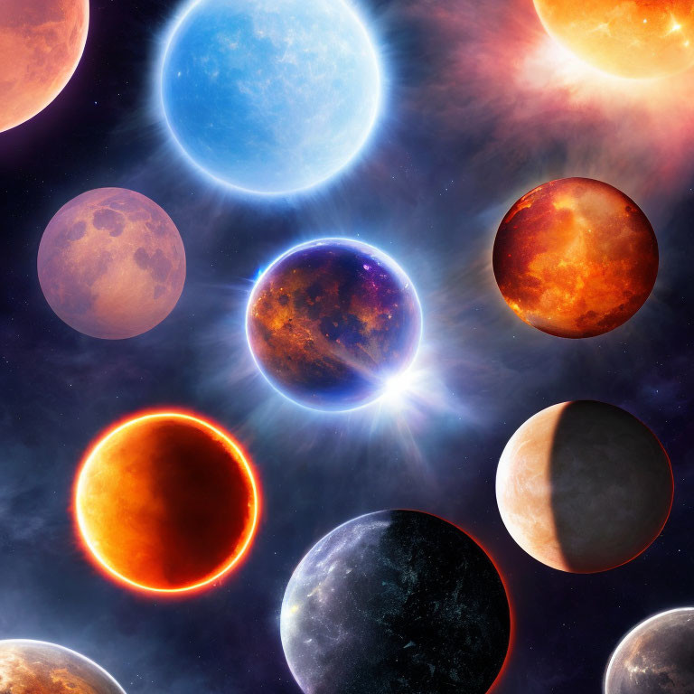 Colorful planets in vibrant cosmic scene against starry backdrop