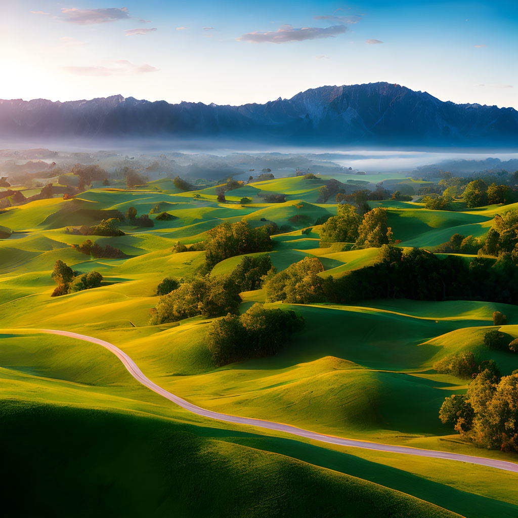 Sunrise over green hills, winding road, mountains, and clear blue sky