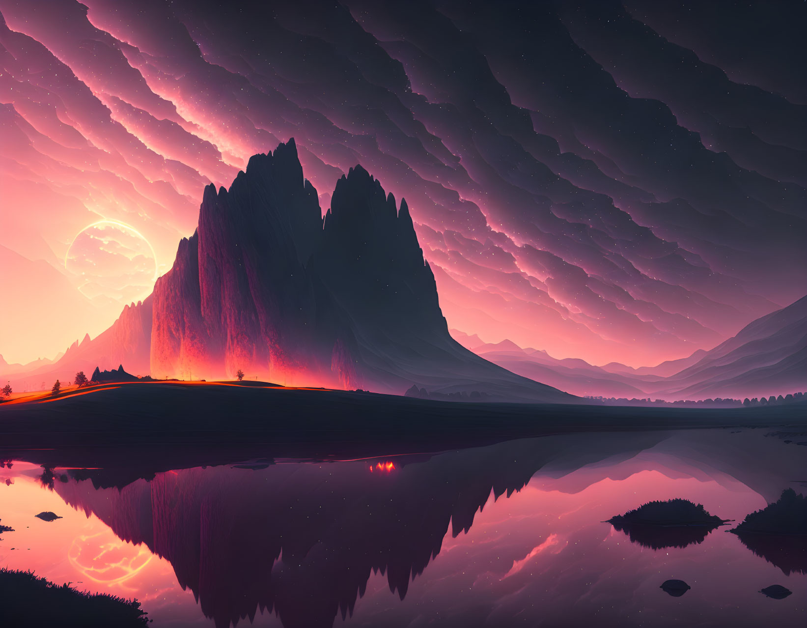 Surreal landscape with mountain, purple sky, and reflective lake