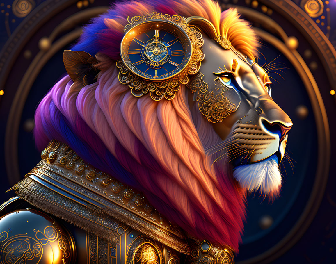 Multicolored mane lion digital art with gold armor on dark blue backdrop