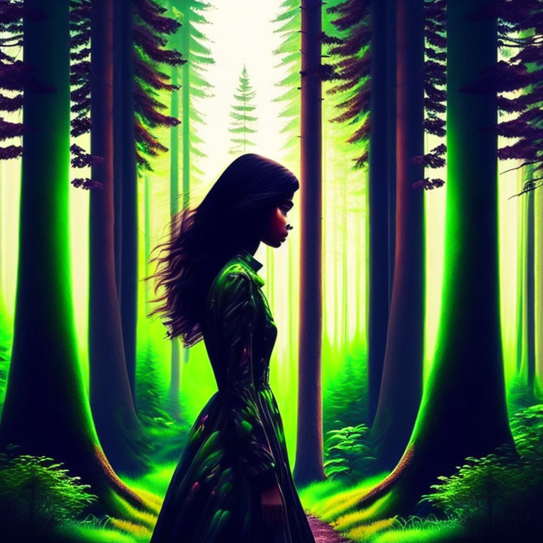 Woman in flowing dress in mystic forest with towering trees and beams of light.
